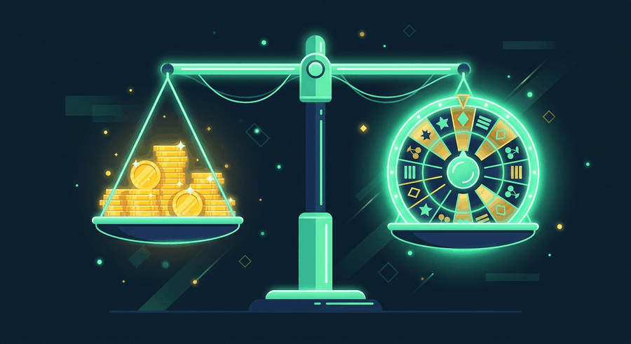 Ilustrasi timbangan dua sisi yang menghadapkan koin bonus dan roda mesin pada latar biru gelap dengan aksen hijau mint